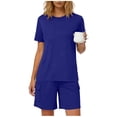 thumbnail image 2 of SZJXBUY Short Sets Women 2 Piece Outfits Casual Summer Basic Lounge Sets Crewneck Short Sleeve Shirts and Cargo Shorts Matching Outfit Blue,L, 2 of 6