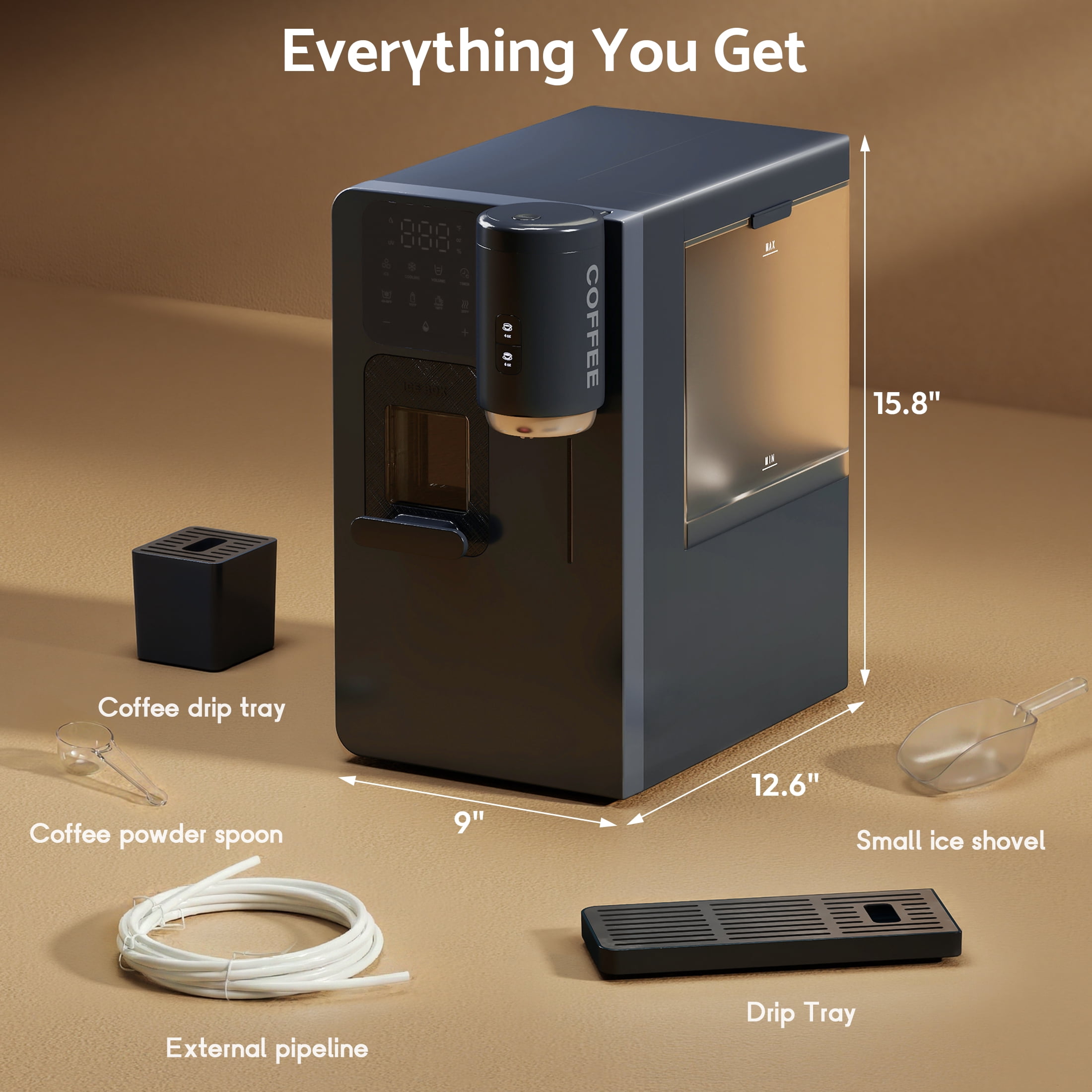 Flamemore 3-in-1 Countertop Water Dispenser with Ice Maker, Drip Coffee Maker, Hot/Cold Water & Bullet Ice, Self-Cleaning, UV Sterilization