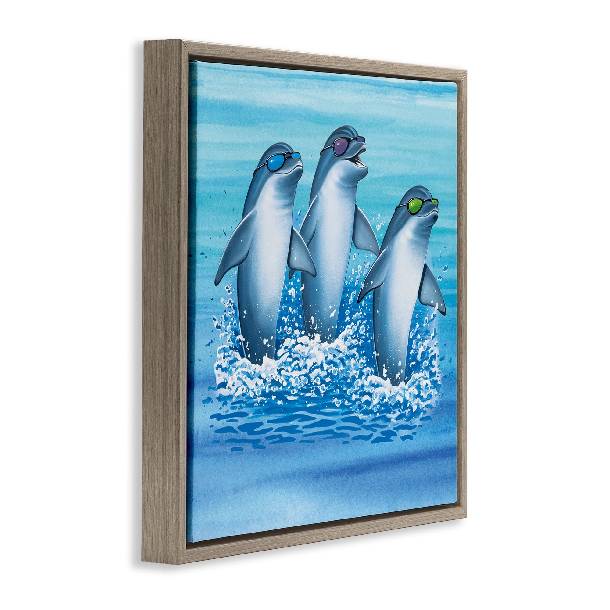 Stupell Industries Cool Dolphins Trio Animals Painting Brown Floater Framed Canvas Art Print Wall Art, 18 x 18