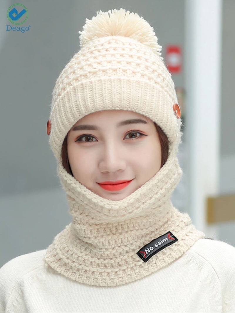 Deago Womens Winter Knitted Balaclava Pompom Beanie Hat  display picture 2