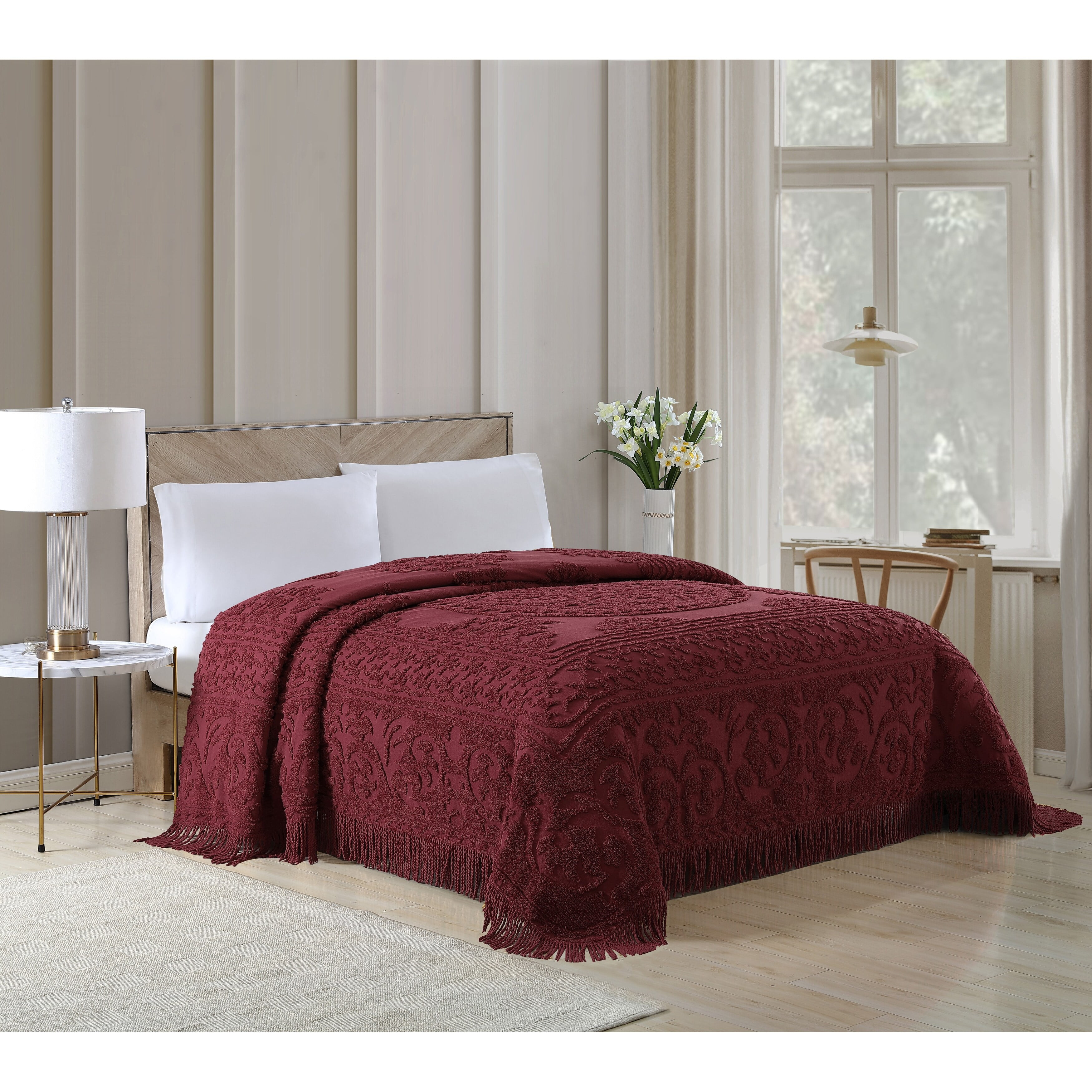 Collections Etc Luxurious Medallion Chenille Fringe Border Bedspread Burgundy - Queen