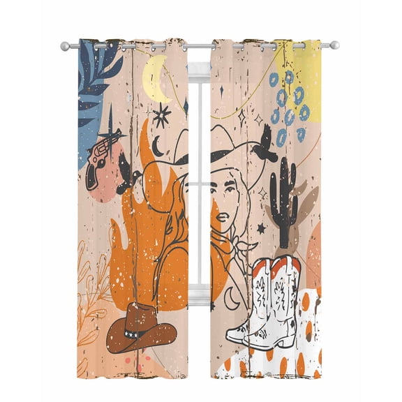 Western Cowboys Sheer Curtains 84 Inch Length 2 Panels Set for Living Room/Bedroom, Vintage Boho Abstract Cactus Beige Kitchen Curtains Grommet Semi-Sheer Curtains Drapes Window Treatments 42"x84"x2