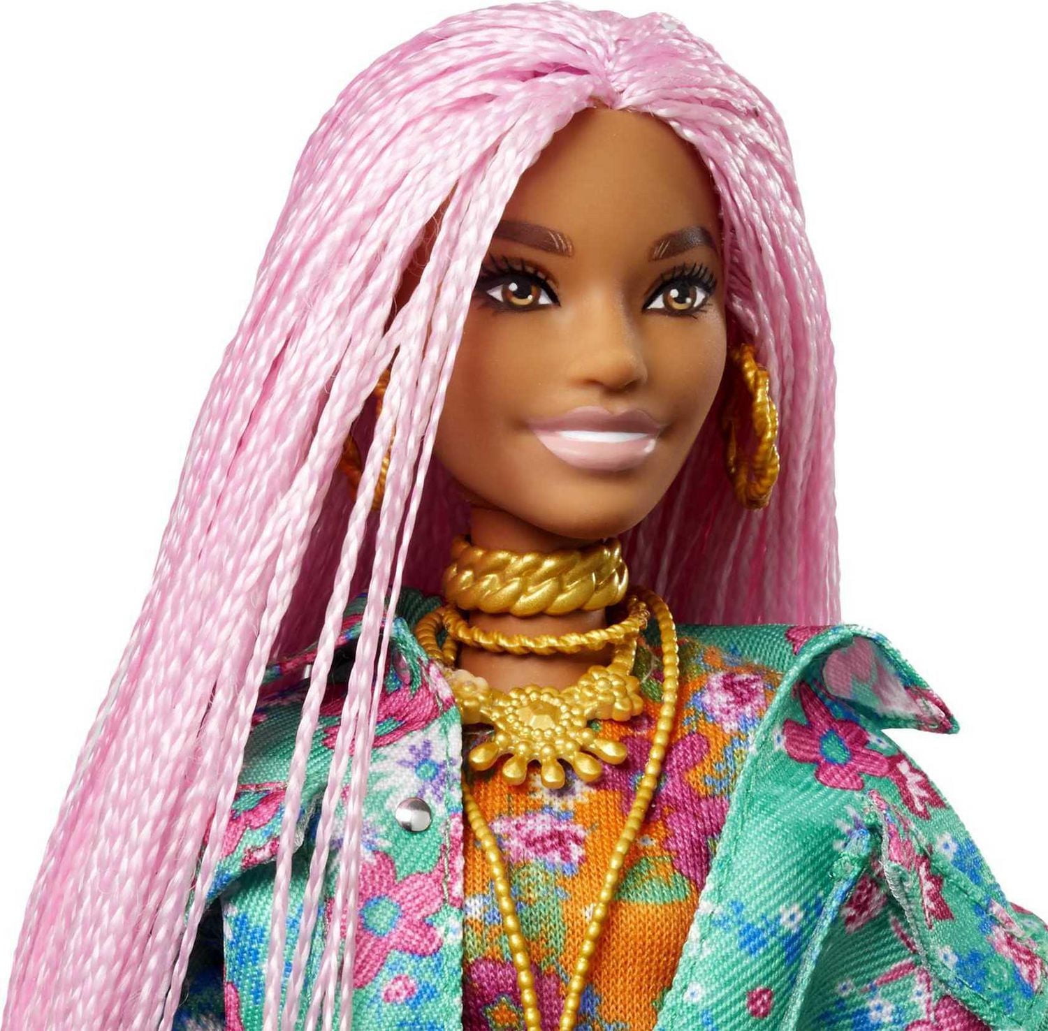 Poupée Barbie Extra n° 10 avec Veste à Imprimé Floral et Ensemble de Survêtements, Figurine Souris DJ, Très Longues Tresses Roses, Tenue et Accessoires, Plusieurs Articulations Flexibles, Cadeau