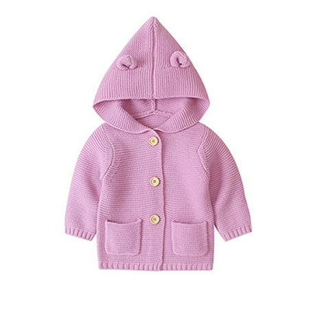 

BIZIZA Coat for Infant Knitted Solid Color Long Sleeve Tops Hooded Button Up Pockets 6M-3Y Chlid Baby Light Purple 100