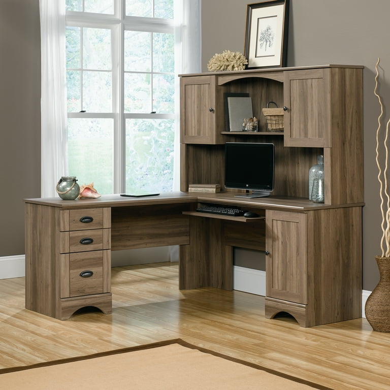 Sauder Harbor View Computer Desk with Hutch in Salt Oak