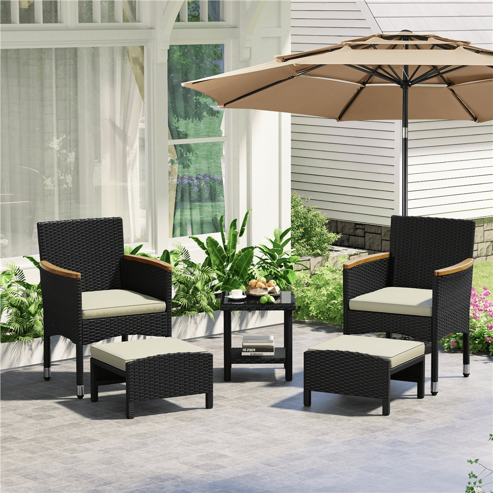 Renwick 5-Piece Outdoor Conversation Set with Chairs, Ottomans, Coffee Table, Black/Beige