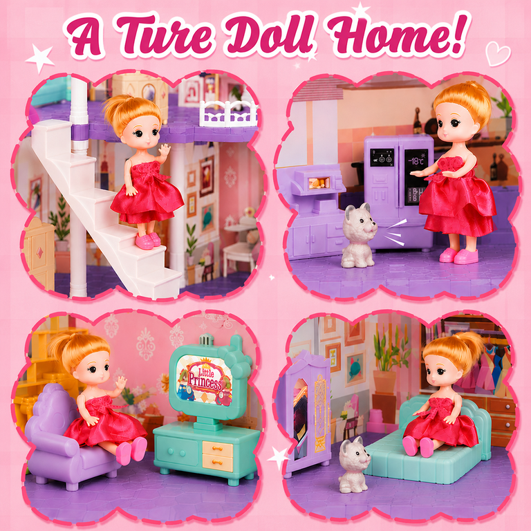 WowSmile 5-Story Doll House with LED Lights, Dolls, Furnitures