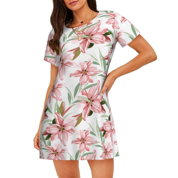 Fotbe Lilies Flowers Bata de Dormir para Mujer con Estampado, Camisón de Algodón de Manga Corta, Ropa de Dormir Casual