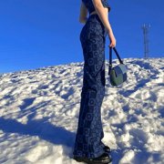 Aellinatey Women High Waist Straight Jeans Pants Asymmetrical Plaid Floral Denim Trousers