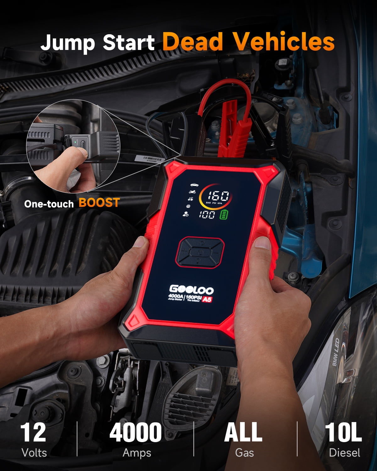 GOOLOO A5 Jump Starter with Air Compressor, 4000A Car Battery Jump Starter for All Gas & 10.0L Diesel Engines, 45W PD Fast Charging, Portable 12V Jump Box with 160 PSI Tire Inflator Auto Shut-Off