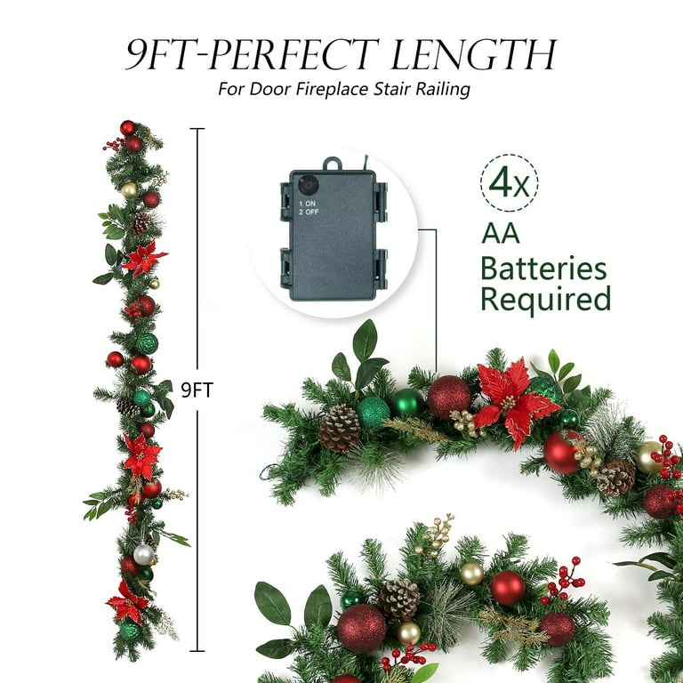 WBHome Pre-lit 9 Feet/108 Inch Christmas Garland, Red Green & Gold Lighted  Garland with 50 LED Lights for Indoor Outdoor Fireplace Mantle Xmas Decor  Holiday Decorations, Battery Operated 