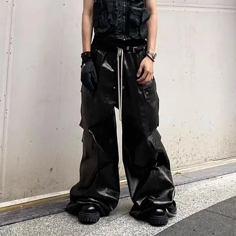 RO Style Glossy Black Pu Leather Pants for Men High Street Y2k