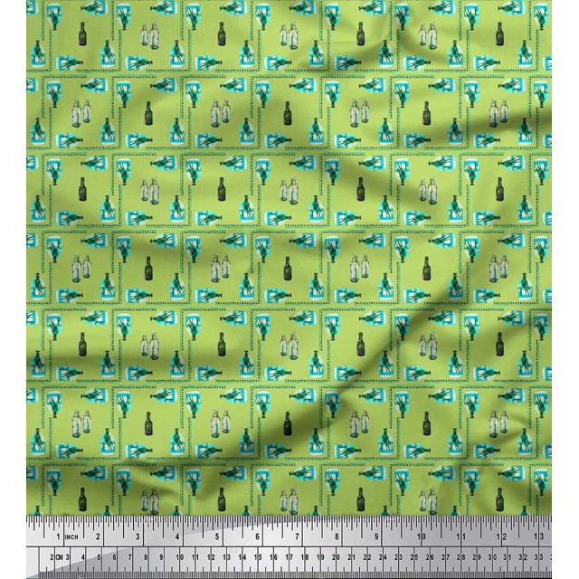 Soimoi Green polyester Crepe Fabric Colorful Bottle Print Fabric by the Yard 52 Inch Wide