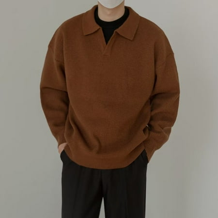 

KDJ Mens Spring Autumn Idle Style Loose Knit Lapel Sweaters Fashion Casual Pullovers