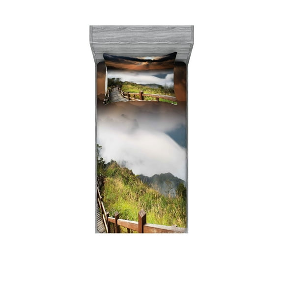 Ambesonne Nature Fitted Sheet & Pillow Sham Set, Foggy Sky Italian, Twinxl, Multicolor