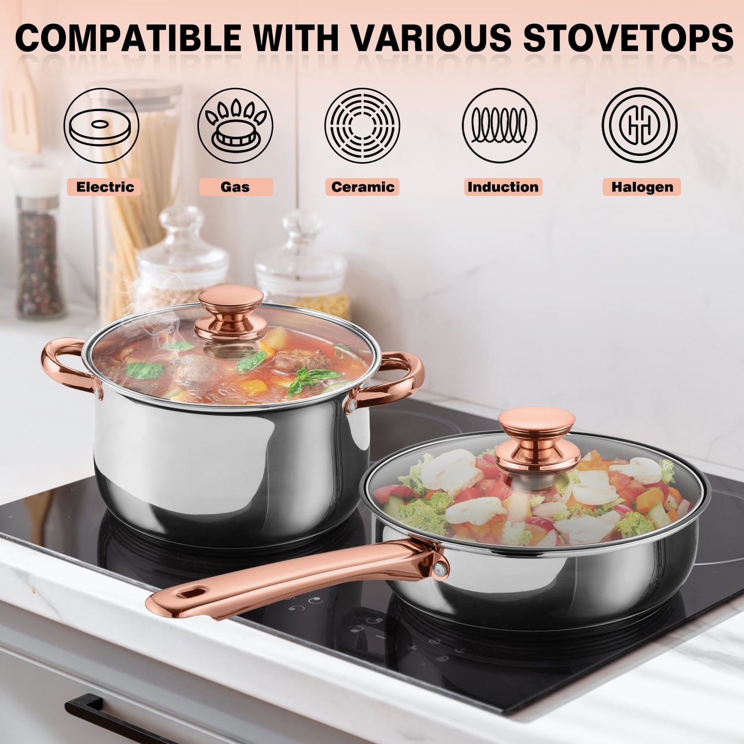 Walchoice 13-Piece Stainless Steel Pots and Pans Set, Kitchen Cookware Set with Glass Lid for Cooking, Induction & Dishwasher Safe, Copper