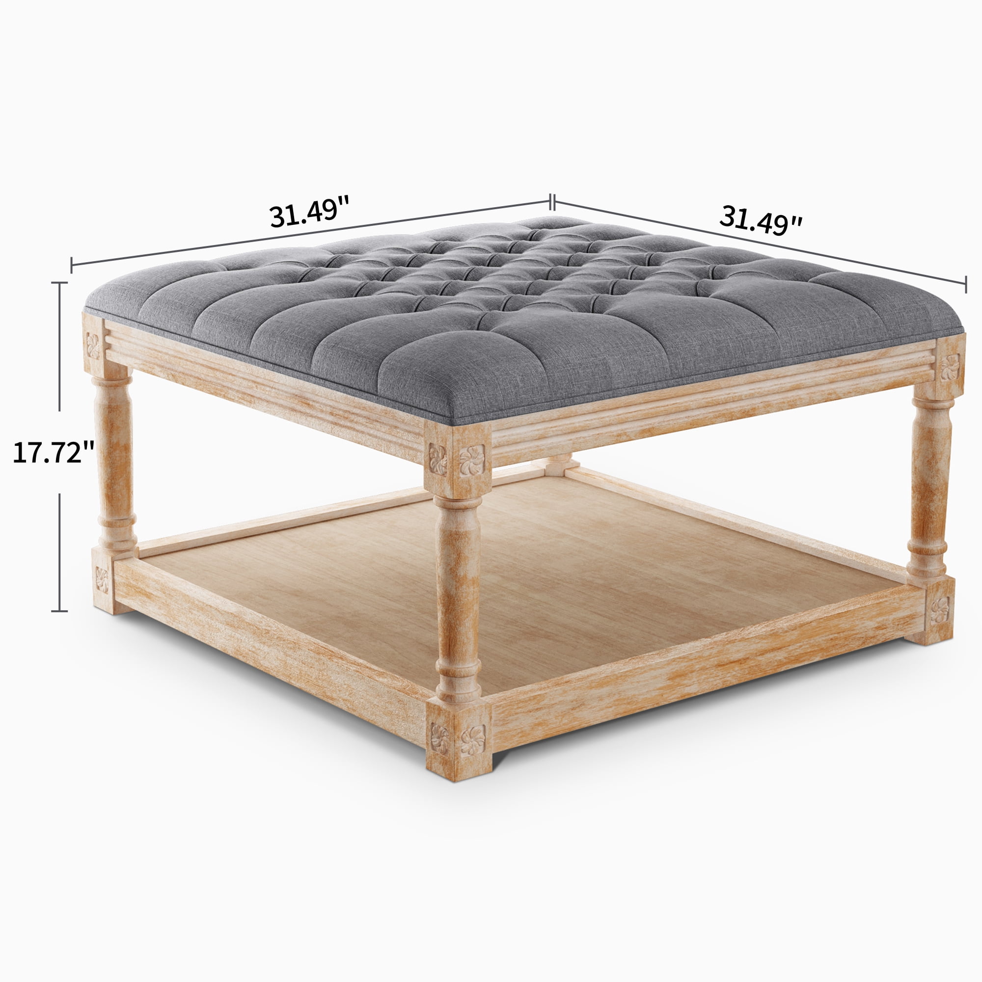 Dextrus 31" Tufted Ottoman, Modern Upholstered Linen Fabric Ottoman with Storage Shelf, Sofa Footrest Extra Seating for for Bedroom, Living Room, Entryway, Gray