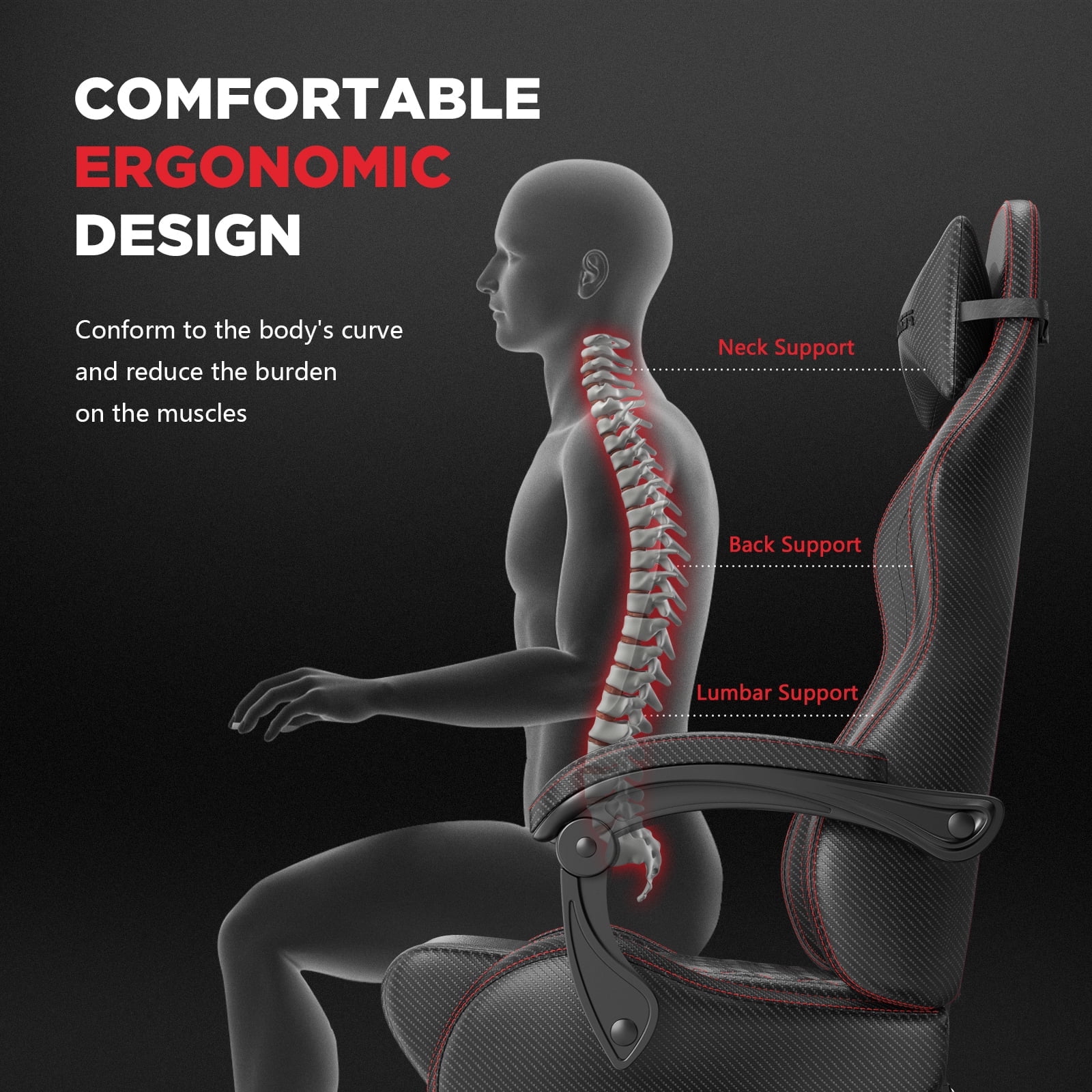 Huracan Gaming Chair with Footrest,Computer Office Chair with Massage Lumbar Support & Headrest, High Back Vintage Game Chair for Adults, Black