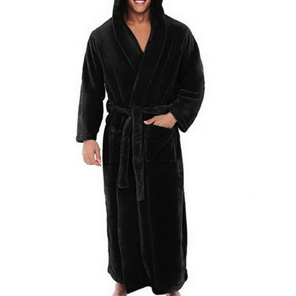 LUXUR Men Dressing Gown Hooded Wrap Robe Long Sleeve Bath Robes Plain Nightwear Solid Color Towelling Black L