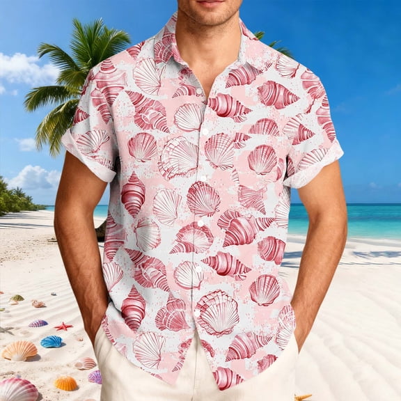 TaTaai Mens Casual Button Up Shirt Seashell Pattern Short Sleeve Lapel Breathable Loose Soft for Summer Seaside Daily Gift