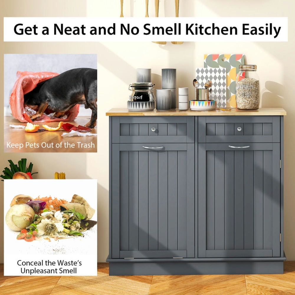 Finihen Kitchen Storage Cabinet, Buffet Sideboard, Rubber Wood Kitchen Trash Cabinet with Single Trash Can Holder and Adjustable Shelf, for Dining Room, Kitchen, Living Room, Gray Finihen Kitchen Storage Cabinet, Buffet Sideboard, Rubber Wood Kitchen Trash Cabinet with Single Trash Can Holder and Adjustable Shelf, for Dining Room, Kitchen, Living Room, Gray