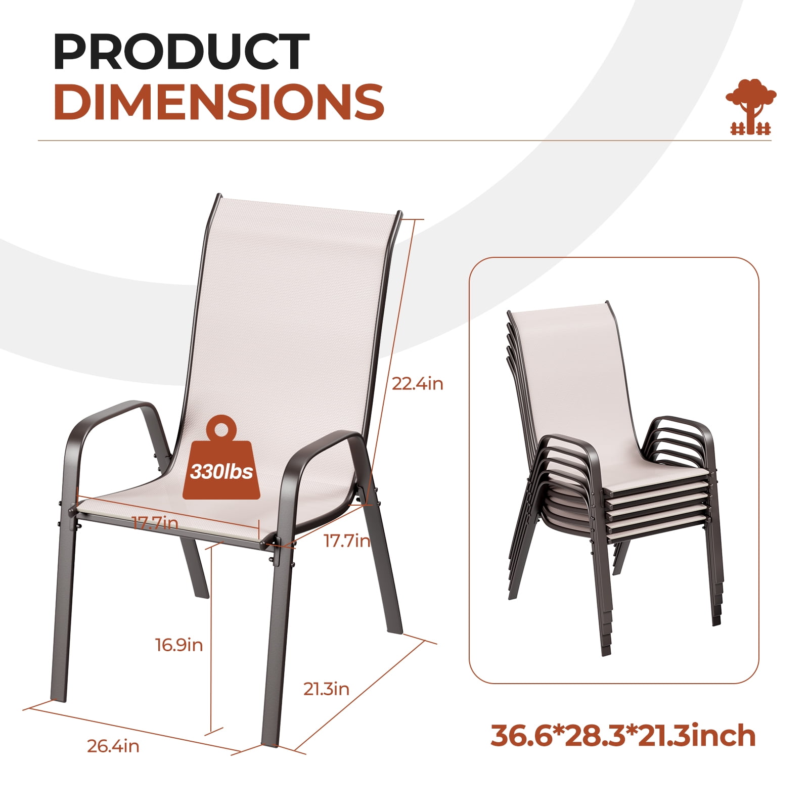 Arlopu 6pcs Patio Dining Chairs, Outdoor Stackable Textilene Chairs Set for Garden Poolside,330 LBS, Beige