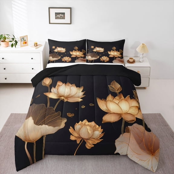 Chic Lotus Flower Comforter Set Twin for Women Floral Bedding Set, Black and Gold Bedding Comforter Sets White Flower Leaves Duvet, Botanical Plants Quilted Comforter Breathable