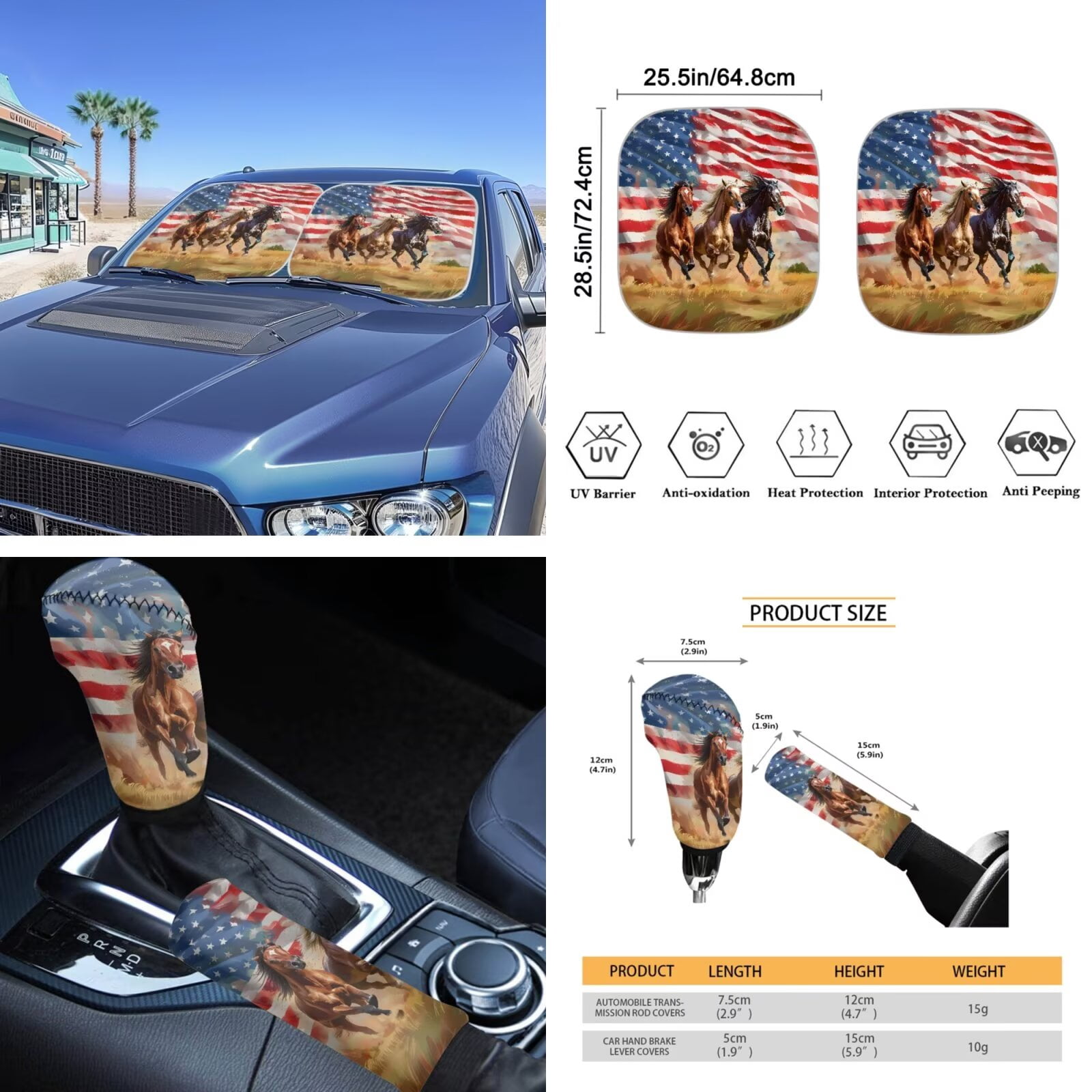 Garronmavis American Flag Running Horse Car Seat Cover Full Set 16 Pieces Car Seat Belt Covers Keychain Holder Gear Shifting Knob Cup Mats Windshield Sun Shade