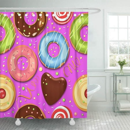 PKNMT Brown Cute Pattern Food Chocolate Donuts Colorful Sweets Cupcakes Holidays Candy Bathroom Shower Curtain 66x72