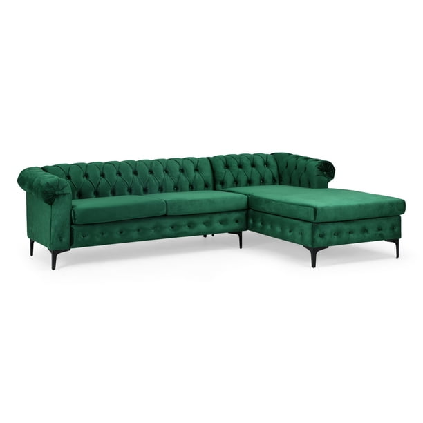 Noble House Rustyn Velvet Sectional, Green Leather Sectional With Chaise
