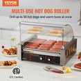 thumbnail image 2 of VEVOR Hot Dog Roller,11 Rollers 30 Hot Dogs Capacity, 1650W Stainless Sausage Grill Cooker Machine with Dual Temp Control Glass Hood Acrylic Cover Bun Warmer Shelf Removable Drip Tray, ETL Certified, 2 of 9