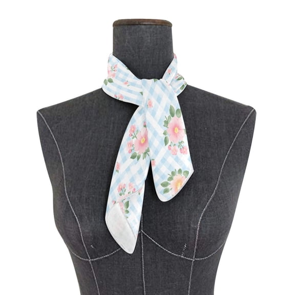 Square Scarf 24x24 Inch Blue Gingham Floral Design Silky Satin Sun Protection Neck Scarf for Women Multi-Purpose Head Wrap Bandana for Hair Bag Decoration