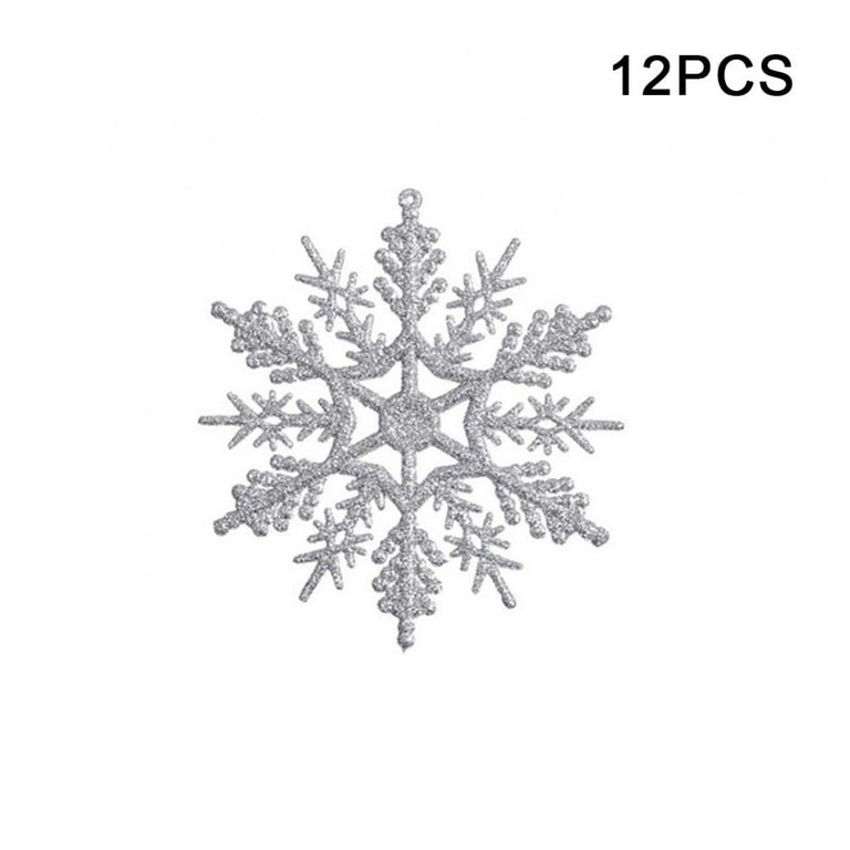 12pcs Snowflake Ornaments Plastic Glitter Snow Flakes Ornaments for Winter Christmas Tree Decorations Craft Snowflakes, Silver, Size: 4
