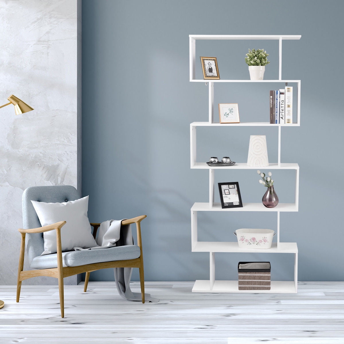 Gymax 6 Tier S-Shaped Bookcas Storage Display Modern Bookshelf Z-Shelf Style White