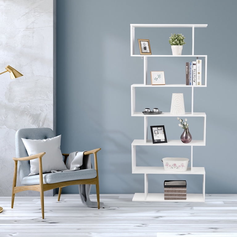 Gymax 6-Tier S-Shaped Modern Bookshelf, White Bookcase with
