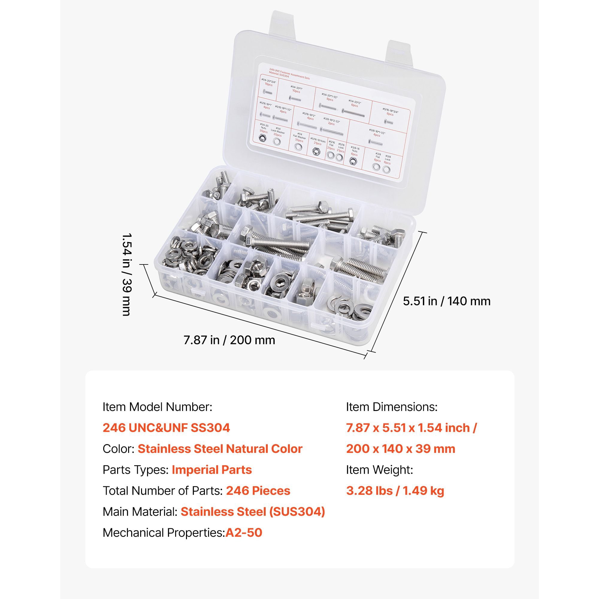 Bolts and Nuts Set 246-Piece Stainless Steel 3 Sizes #1/4-20 #5/16-18 #3/8-16 Adjustable Storage Box A2-50 Grade for Home Repair DIY