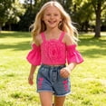 thumbnail image 6 of Girls 2Pcs Skirts Sets Outfits Summer Off Shoulder Crewneck Tops and Denim Vintage Skirts Versatile Cute Bow Print Tops School Outfits Casual Children Clothes Age 2-8 Years Pink 6-7Years, 6 of 7