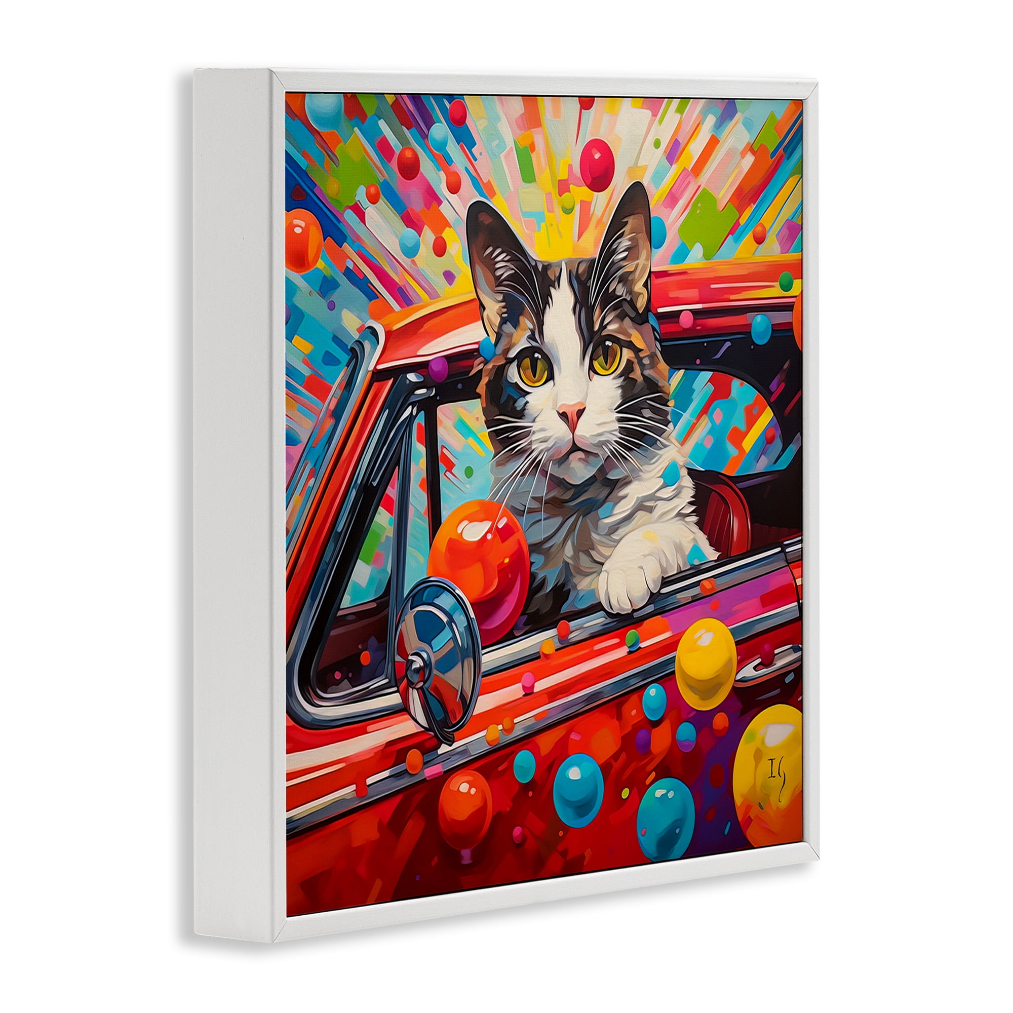 Stupell Industries Driving Cat with Bold Pattern Animals & Insects Painting White Framed Art Print Wall Art, 12 x 12