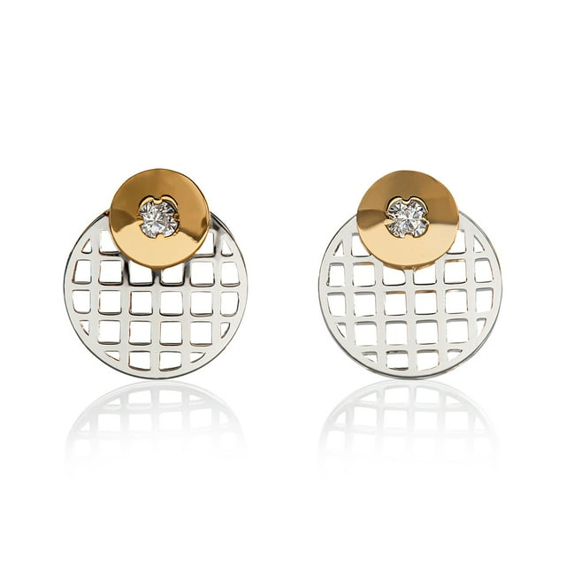 Aretes de oro 14k GIALLO Broquel Ojo de oro amarillo brillante y oro blanco brillante con circonia