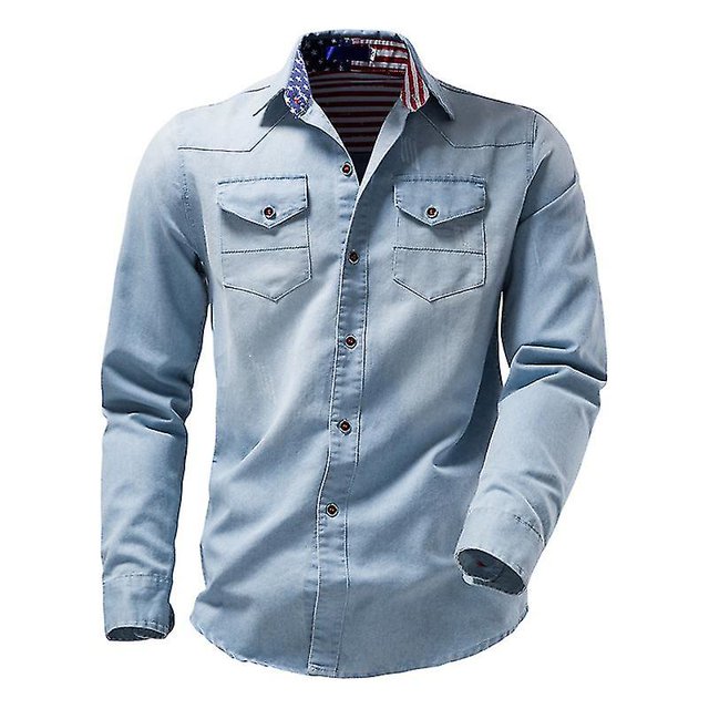 Camisas de vestir de manga larga lavadas de mezclilla vintage para hombres, camisa de mezclilla lavada