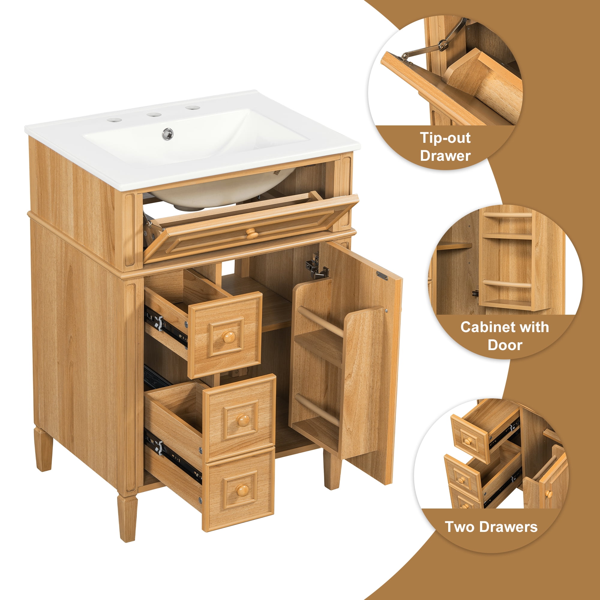 Harper & Bright Designs 24" Small Bathroom Vanity with Sink Top, Free Standing Single Basin Vanity Set with Flip-Out Drawer, 2 Soft-Close Drawers, 1 Soft-Close Door, Solid Wood & MDF, Wood