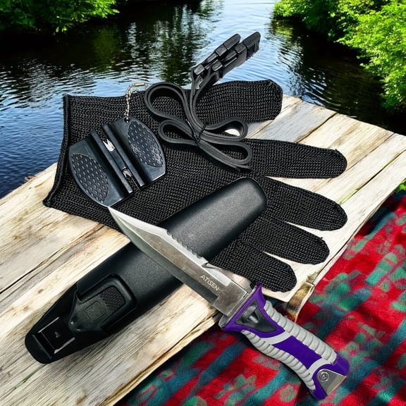 Outdoor Diving Knife with Sharpener and Black Gloves – Strap to Thigh or Arm – Perfect for Camping, Diving, and Christmas Gifts