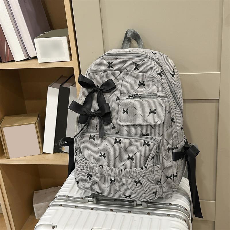Yucurem Large Capacity Corduroy Backpack with Bow, Lightweight 15.75 inch Laptop Bag for Women, Aesthetic Daypack for College Travel (Gray)