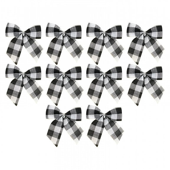AUQ 10Pcs Mini Buffalo Plaid Ribbon Bows-3" Premade Gingham Bows for Christmas Weddings&Crafts | Pearl Accent Checkered Bows for Gift Wrapping&Party Decor