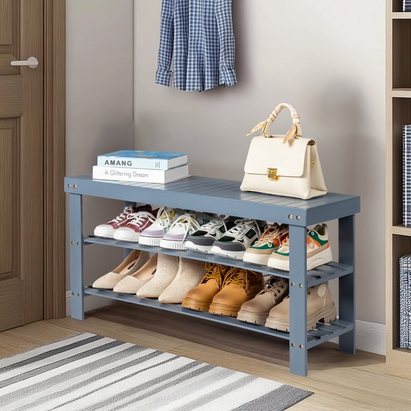 BAYUELSWU 3-Tier Bamboo Shoe Rack, Shoe Storage Bench Sturdy and Space-Saving for Living Room, Bedroom, Front Door, Entryway, Garage (Blue)