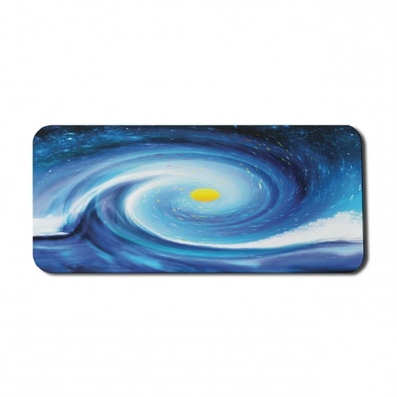 Abstract Computer Mouse Pad, Surfer Wavy Like Design with Little Vivid Point and Sun Print, Rectangle Non-Slip Rubber Mousepad X-Large, 35" x 15" Gaming Size, Blue White and Yellow, by Ambesonne