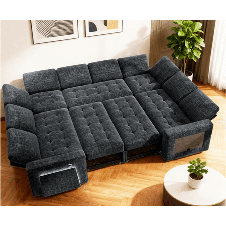 8-Seat Large U Shaped Modular Sectional | Pull Out Bed Sleeper Sofa Dark Black/ Reclining Backrest, USB Ports, LED Light & Storage Seat - Tool-Free Assembly