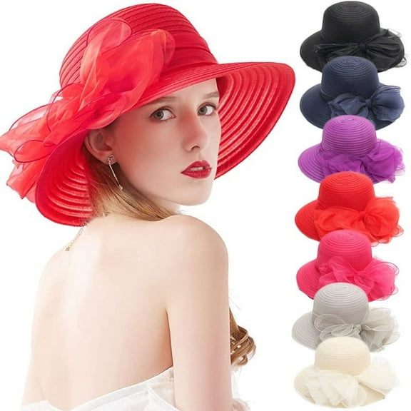 Yoyauz Organza Fascinator Hat - Women's Wide Brim Church Bridal Tea Party Wedding Hat
