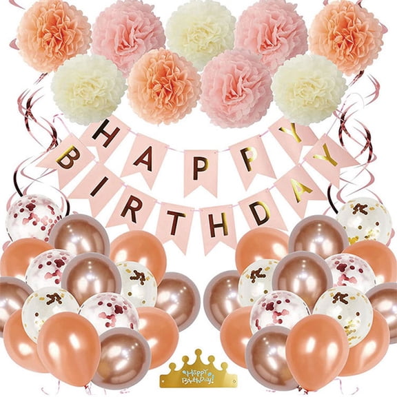 1Set Rose Gold Birthday Party Decorations Set with Happy Birthday Banner,DIY Cake Topper,Circle Dots Garland