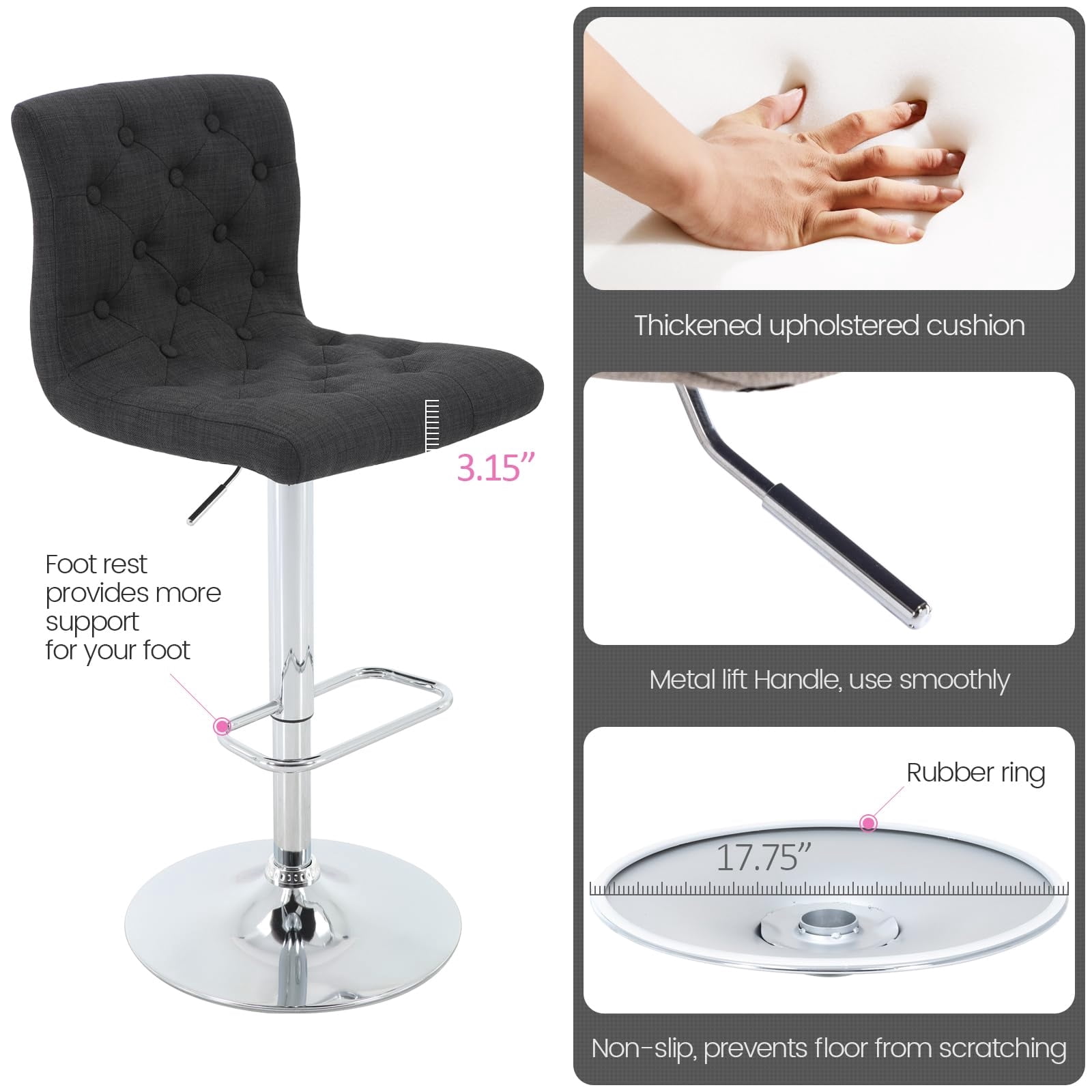 Modern Upholstered Bar Stool with Back Set of 2, Armless 360° Swivel Adjustable Height Linen Padded Bar Chair for Kitchen Island, Dining Room, or Café (Black)
